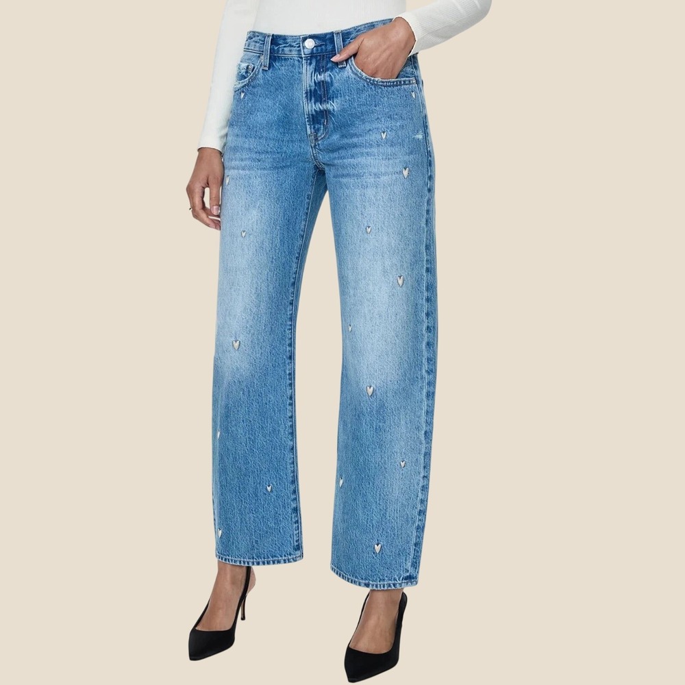 Pistola Lexi Mid-Rise Bowed Straight Confetti Vintage Heart Embroidered Jeans 29